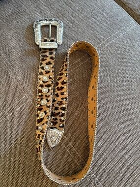 Leopard Print Western Rhinestone Belt - Women Accessories